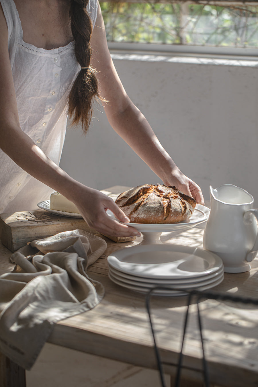 שמלת פשתן כפתורים כיווצים